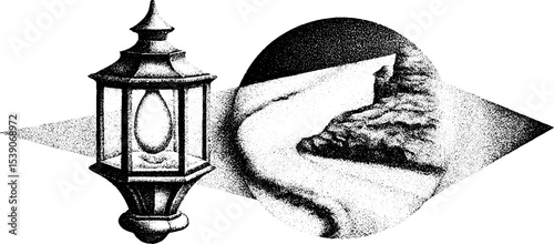 Dotwork lantern and trail path tattoo design for artistic inspiration