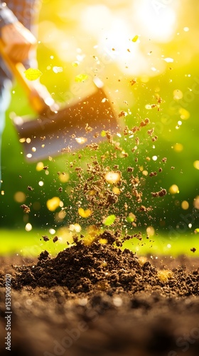 Gardener digging soil, sunlight, garden, spring, planting