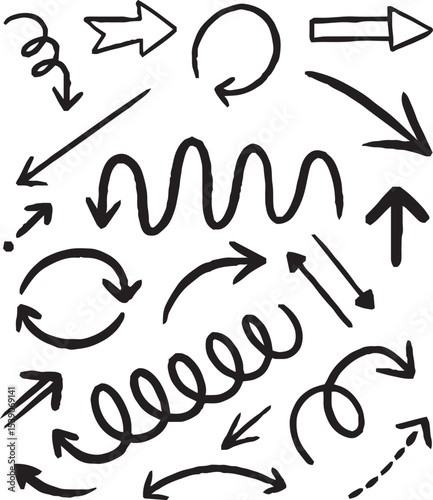 Hand-drawn arrow icon set. A collection of curved