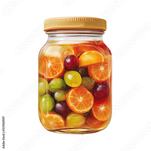 Colorful Jar of Mixed Fruits with Citrus and Olives in Bright Syrup on transparent background