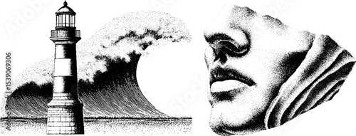 Dotwork tattoo design featuring lighthouse and crashing wave with facial portrait elements