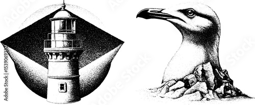 Dotwork lighthouse and seagull tattoo design for nautical art lovers
