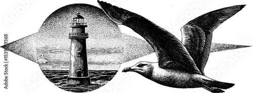 Nautical tattoo design featuring lighthouse and seagull in dotwork style