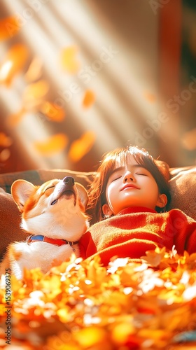Girl naps with dog in autumn leaves, sunlit room