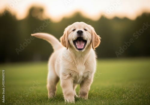 Playful Golden Retriever Puppy. An adorable canine youngster with mouth wide open, stands on vibrant green lawn. It embodies pure joy and the spirited nature of companion animals.