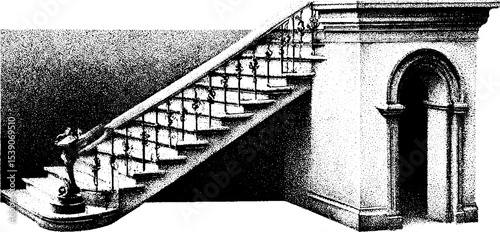 Vintage marble staircase with ornate railing in detailed ink sketch for architectural design inspiration