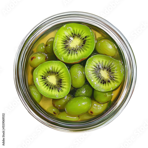 Fresh Kiwi and Green Olives in a Jar, Vibrant and Healthy Snack Combination on transparent background