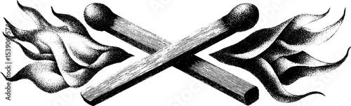 Vintage dotwork tattoo design of crossed matchsticks with flames