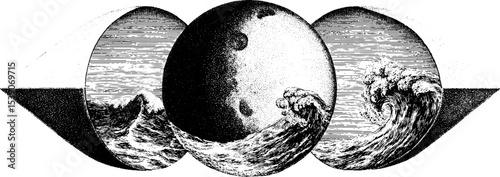 Dotwork tattoo design featuring moon and ocean tides in black ink