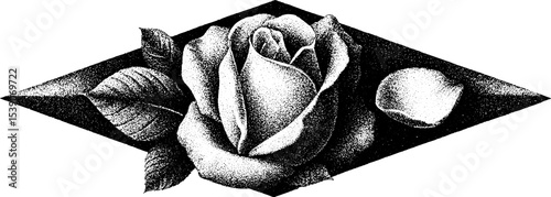 Elegant dotwork tattoo of rose and petal with mirror shard design