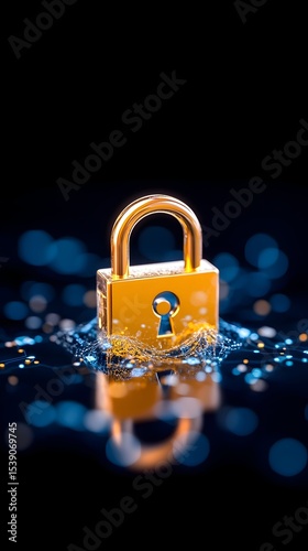 Golden padlock submerged, water ripples, dark bokeh background, security concept