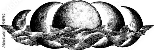 Dotwork tattoo design featuring moon phases and ocean waves in black ink