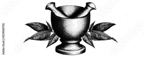 Mortar and pestle dotwork tattoo design with botanical elements