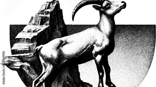 Majestic mountain goat on rocky cliff in intricate dotwork tattoo style design