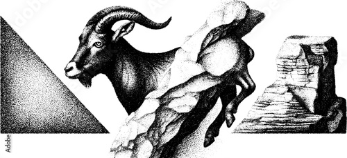 Mountain goat and rocky cliff in dotwork tattoo style design for art and inspiration