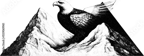 Majestic eagle with mountain ridge in dotwork tattoo style