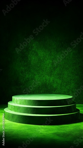 Green studio platform, dark backdrop, product display