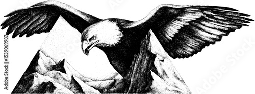 Majestic eagle over mountain ridge in dotwork tattoo style design