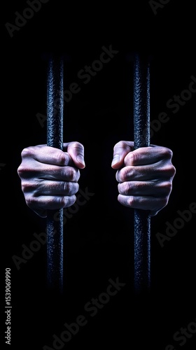 Hands gripping prison bars, dark cell, confinement, justice