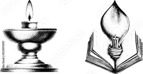 Vintage oil lamp and book dotwork design for tattoo concepts and art projects