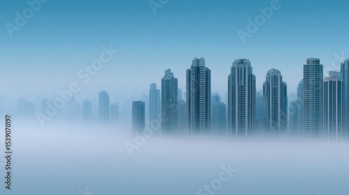 Futuristic Urban Cityscape in Fog with Skyscrapers and Modern Architecture Ideal for Tranquil and Serene Settings