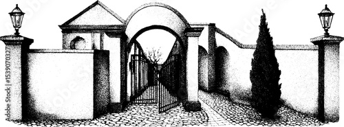 Rustic patio gate and gravel path in traditional ink sketch style