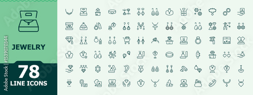 Jewelry line icon set. Minimalist icons pack. Editable vector. Pixel perfect. Gem related icon set. Contains outline symbols like gold, elegance, jewel, gem, gemstone, luxury and more.