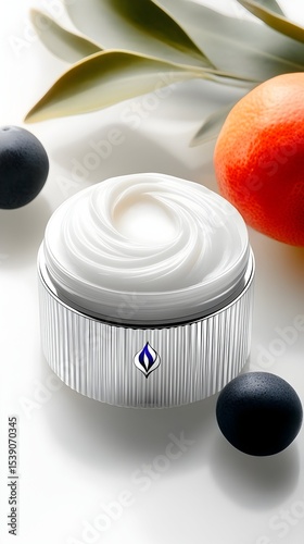 Luxurious face cream, swirls, fruit, leaves, studio, skincare advertising