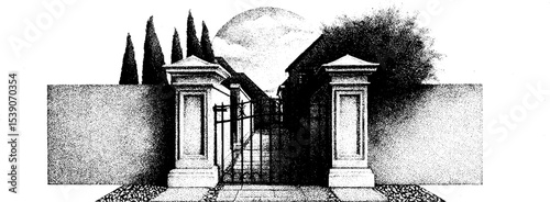 Elegant patio gate and gravel path in intricate ink sketch style for architectural design