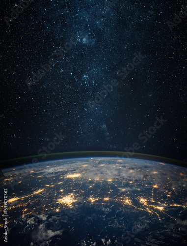 Fototapeta Naklejka Na Ścianę i Meble -   View of the Earth and stars . Planet Earth, view from space. Space fantasy. Elements of this image furnished by NASA.