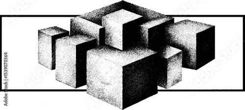 Geometric composition with isometric cubes and hexagon cutaway