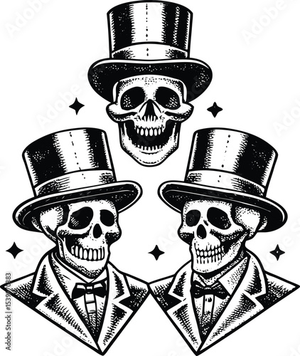 Three Skulls Wearing Top Hats and Suits in a Vintage Style Illustration