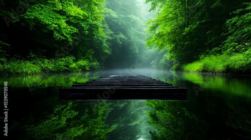 Misty forest river, wooden dock, calm water, peaceful scene, nature background