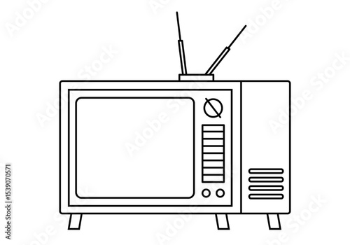 Hand drawn cute outline illustration of retro television. Flat vector old home TV sticker line art doodle. Analog entertainment. Vintage broadcasting device news or movies with antenna icon. Isolated.