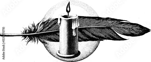 Intricate dotwork design of raven feather and candle wax for tattoo inspiration