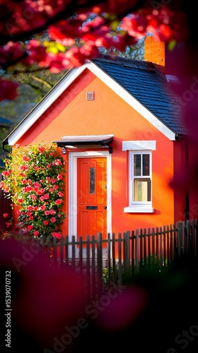 Orange cottage, spring blossoms, garden fence, sunlight