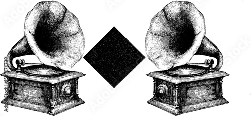 Vintage record player and speakers in dotwork tattoo style for retro design