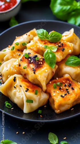 Pan-fried dumplings, sesame seeds, herbs, dark background, restaurant menu