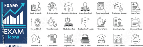 Exam Vector Line Icons. Containing Graduation Star, Creative Idea, Progress Chart, Stack of Books, Graduation Scroll, Exams Growth, Exam Achievement and more. Solid Vector Line Icons collection.