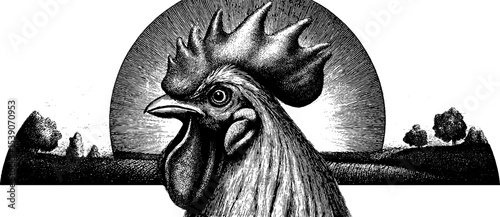 Rooster at sunrise with horizon in vintage engraving style
