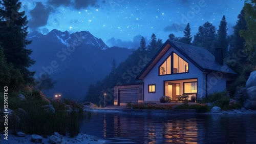 Modern cozy riverside house with garage, mountain backdrop, and warm window light on a starry summer night