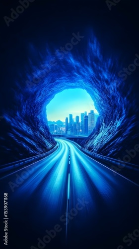 Road tunnel exit, city skyline, blue light, fast car, future