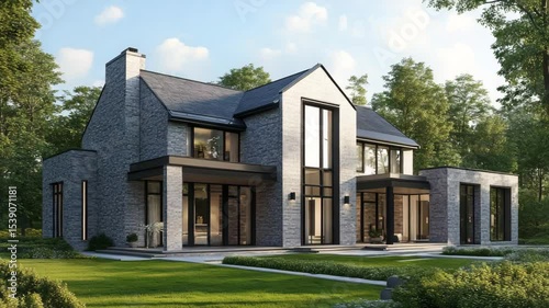 Modern country house exterior with gray brick walls and stylish architecture