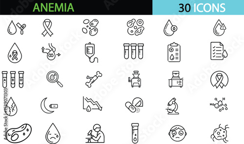MobileAnemia and blood disorder line icon set. Vector pictograms of test, droplet, supplement, ribbon, awareness, centrifuge, bone, marrow, plasma, transfusion, lab sample, thin linear  vector