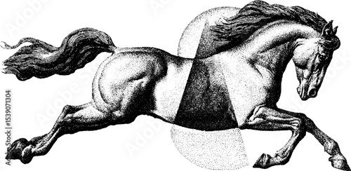 Dynamic galloping horse with saddle in dotwork tattoo style design