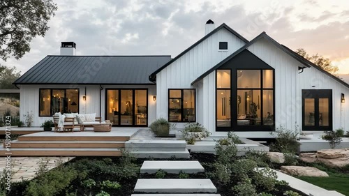 Modern farmhouse featuring black and white exterior, barn doors, vegetable garden, and cozy front yard seating