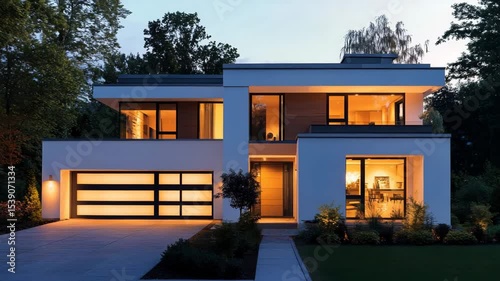 Modern home at dusk with glowing large windows and stylish garage exterior lighting