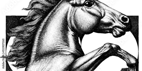 Dotwork tattoo style galloping horse with saddle design for equestrian art
