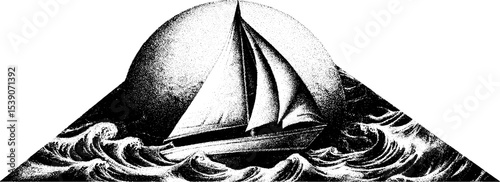 Sailboat on ocean waves in dotwork tattoo style art