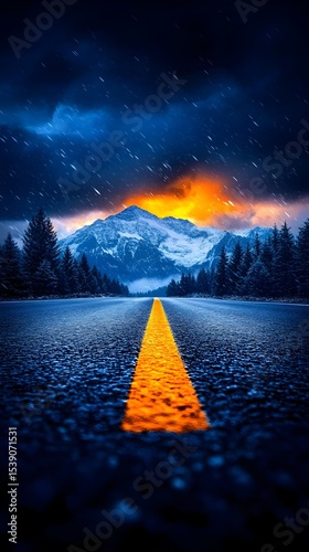 Snowy mountain road sunset, winter storm background, travel